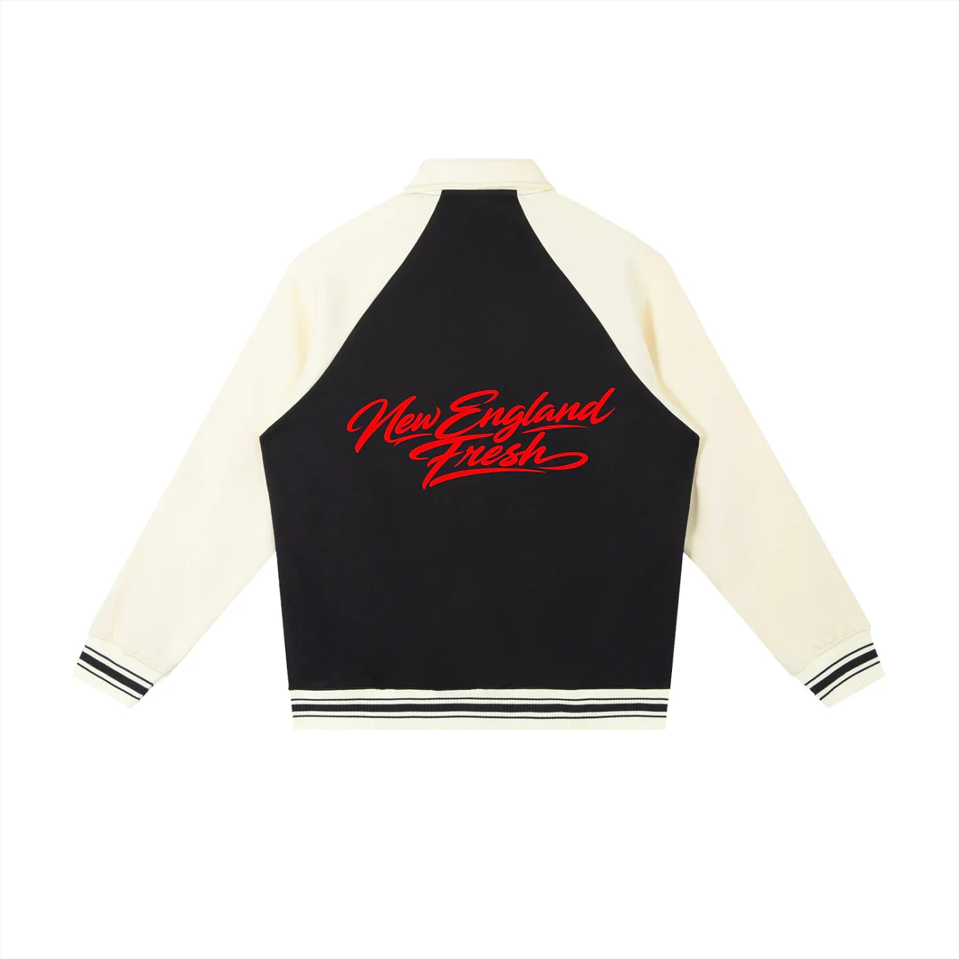 Black and white varsity jacket with 'New England Fresh' red script on the back
