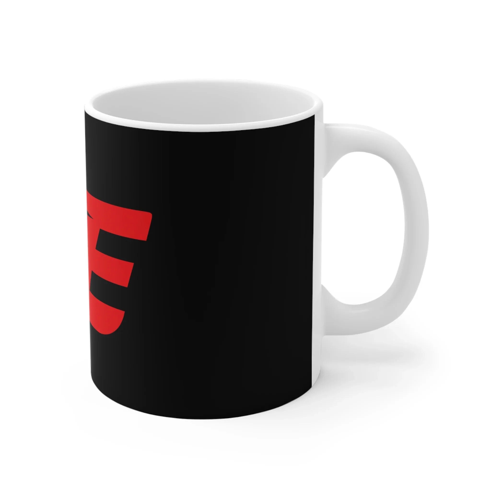 Ceramic mug with black exterior, bold red graphic, and white handle, urban streetwear style