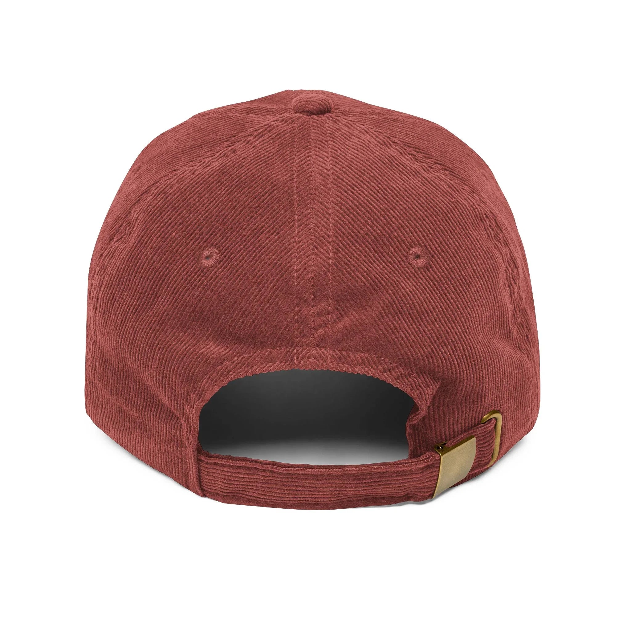 Back view of a red corduroy baseball cap with adjustable strap and brass buckle