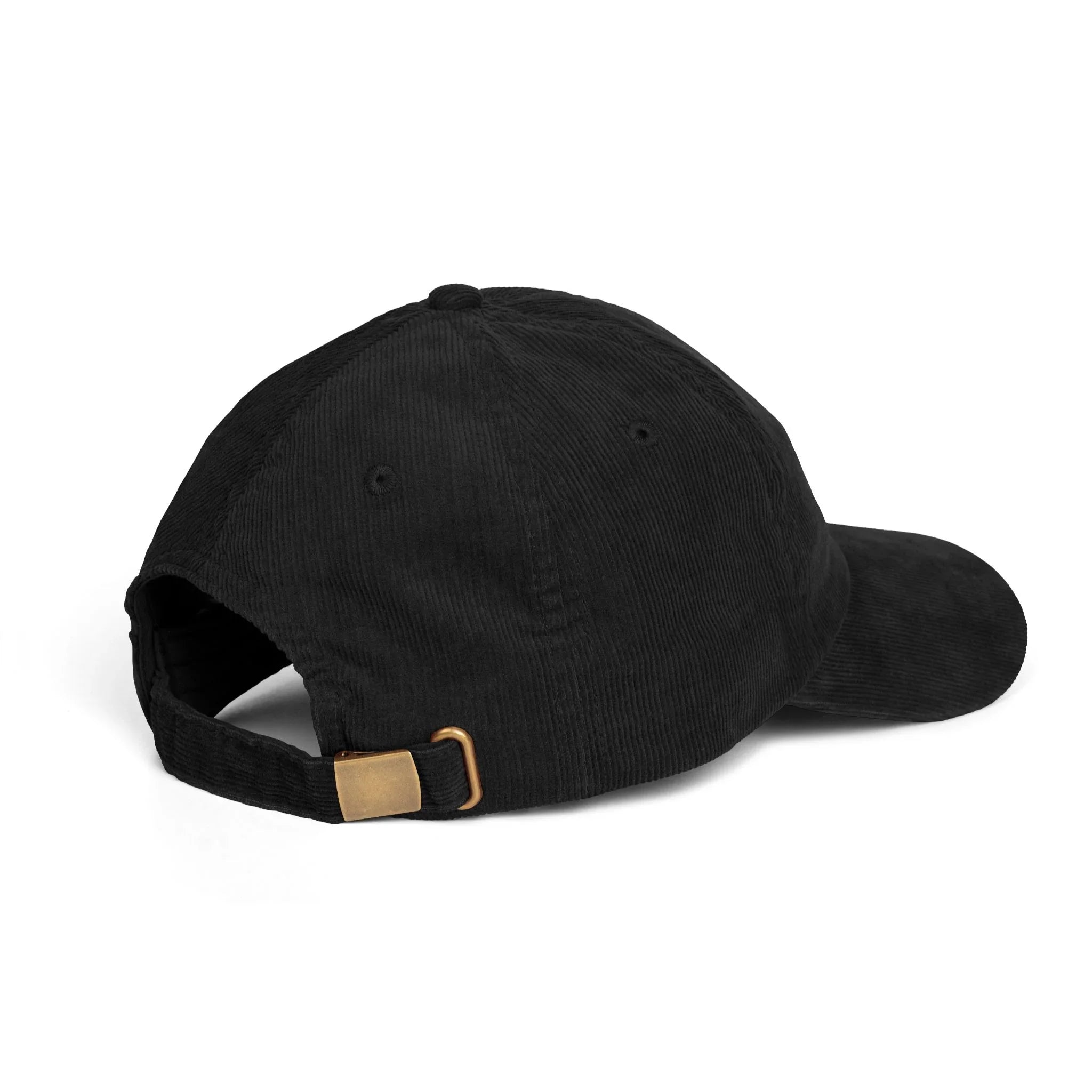 Black corduroy baseball cap with adjustable strap and brass buckle, urban streetwear hat