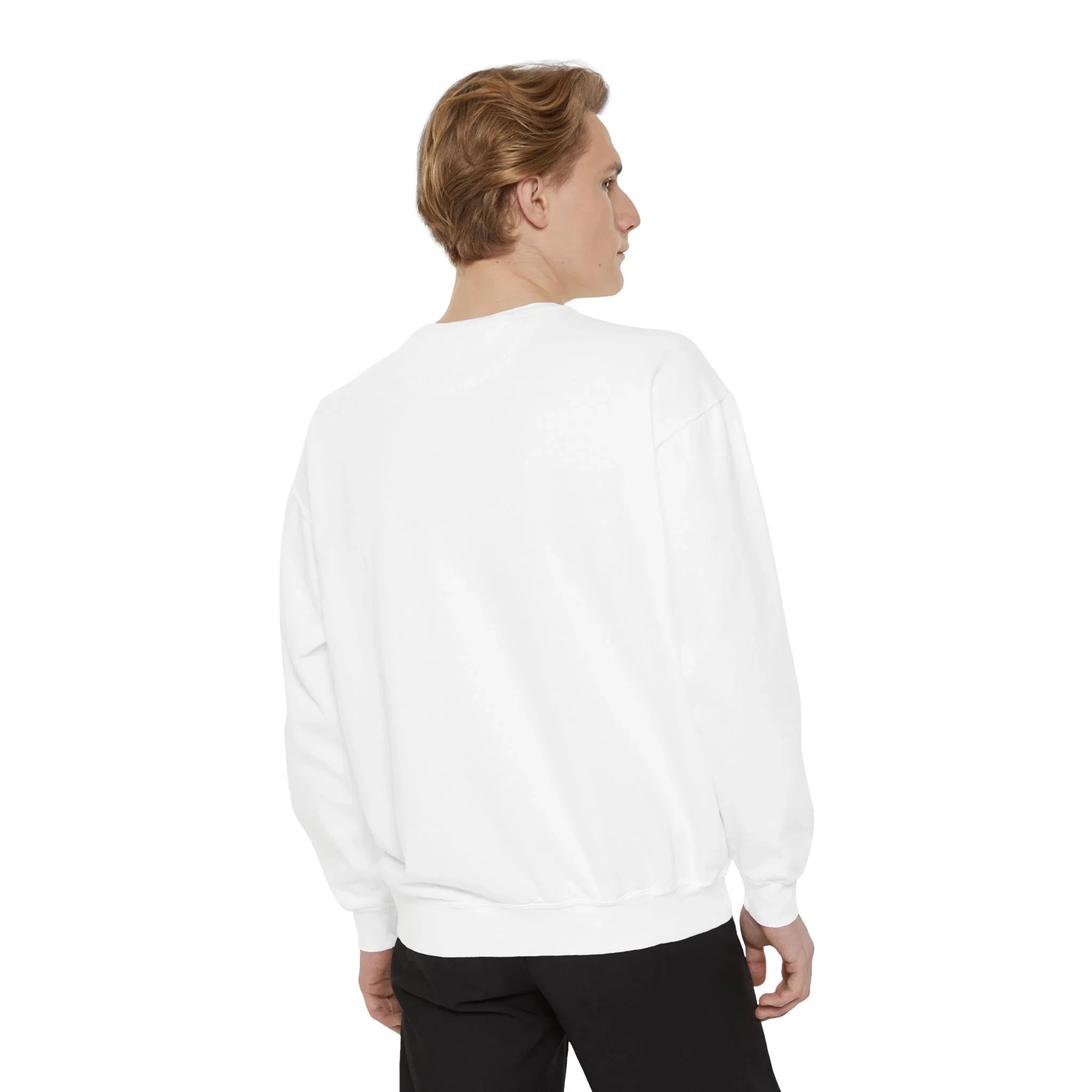 Man wearing plain white crewneck sweatshirt and black pants, back view, on white background