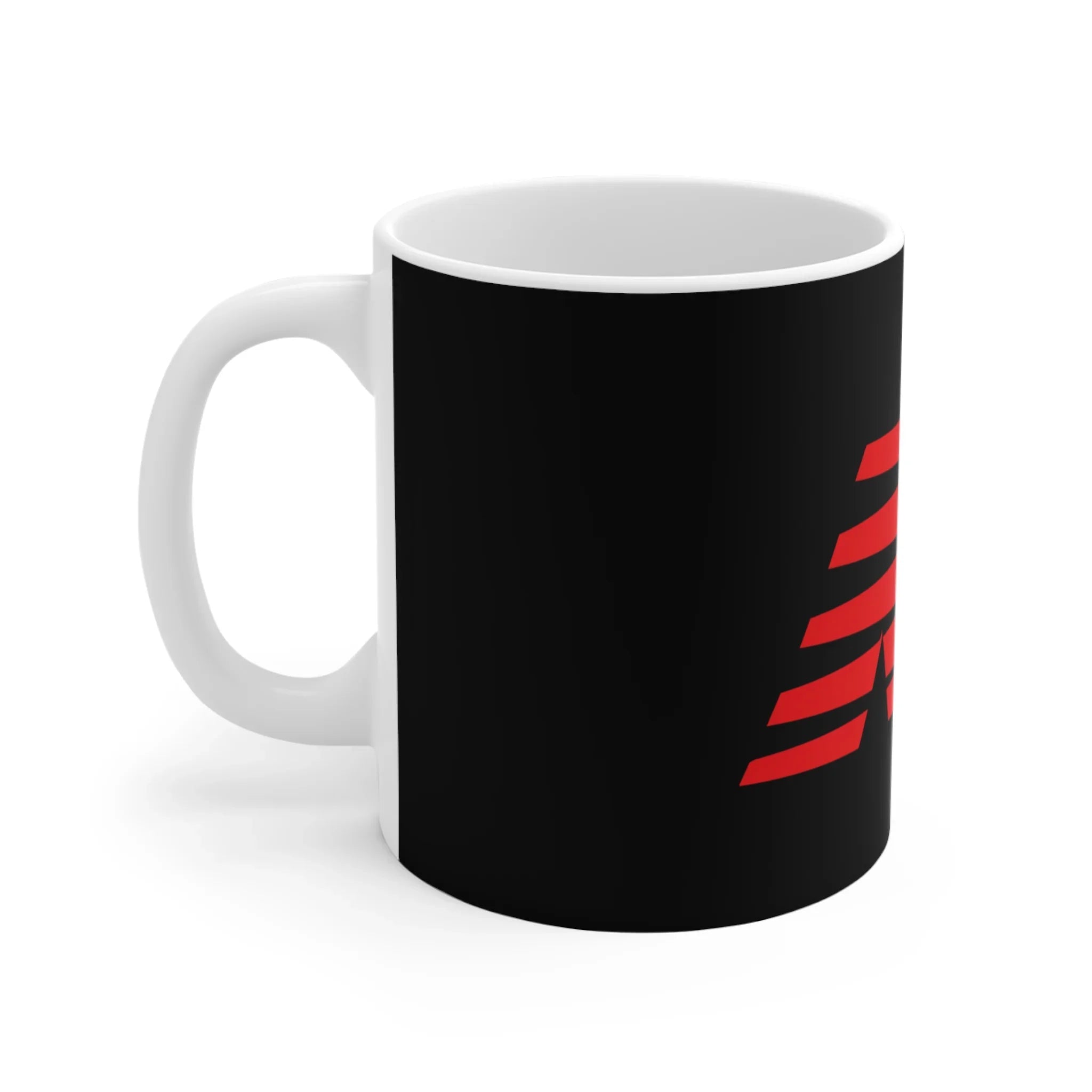 White ceramic mug with black background and red modern graphic design