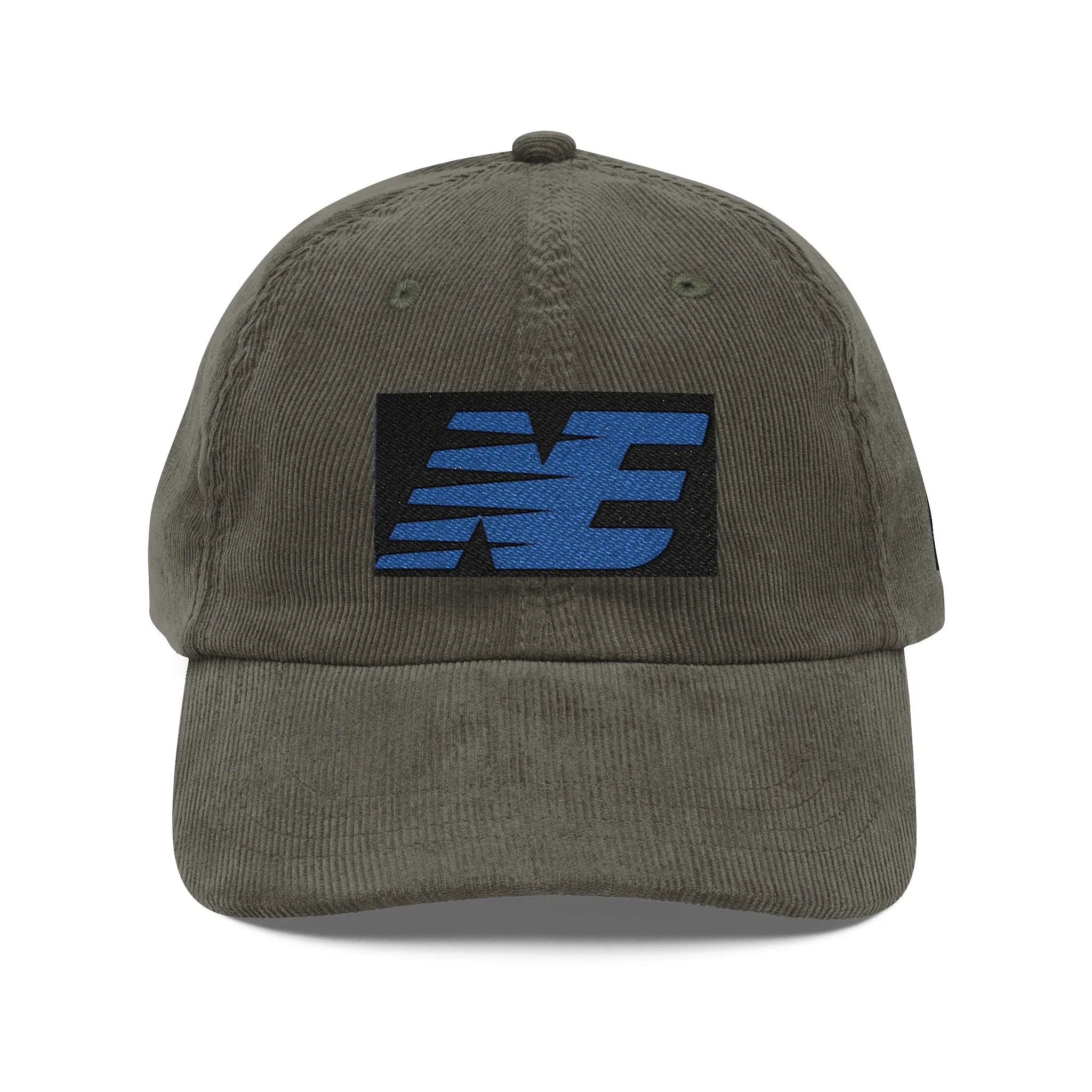 Olive green corduroy baseball cap with blue embroidered streetwear logo patch on front