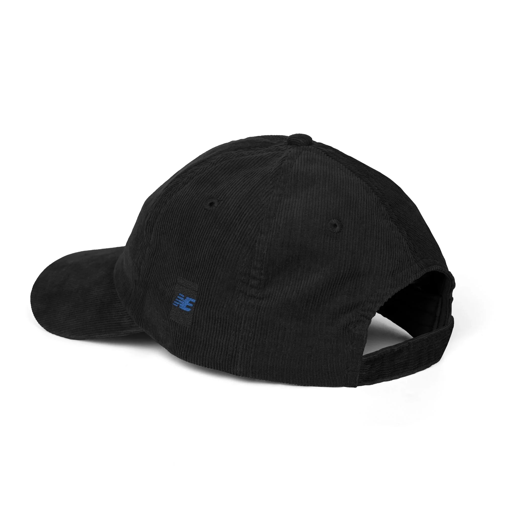 Black corduroy baseball cap with adjustable strap and small blue logo on the back