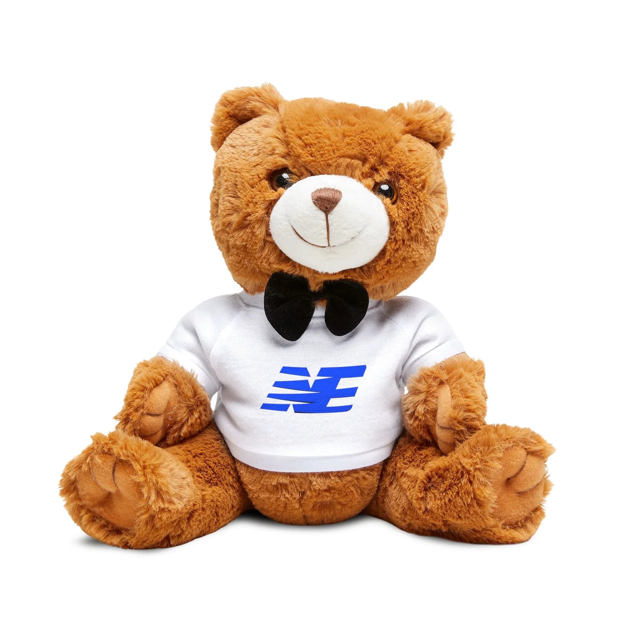 Plush brown teddy bear in a white shirt with a blue logo and black bow tie, isolated on white