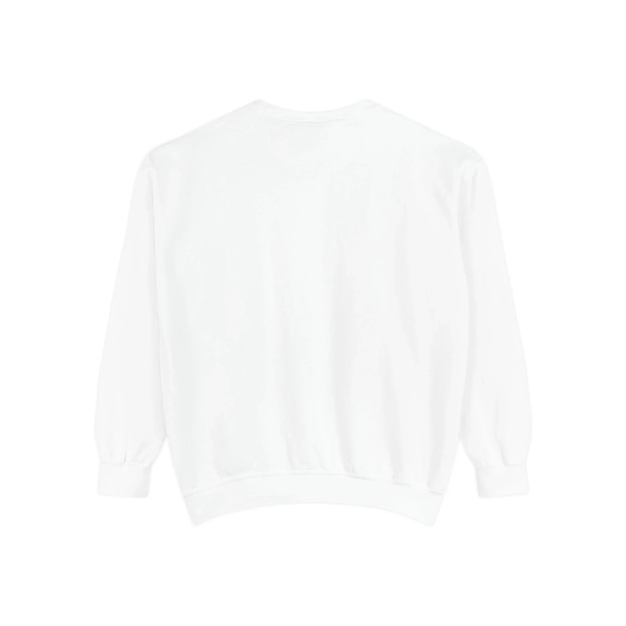 Back view of plain white crewneck sweatshirt with ribbed cuffs on white background
