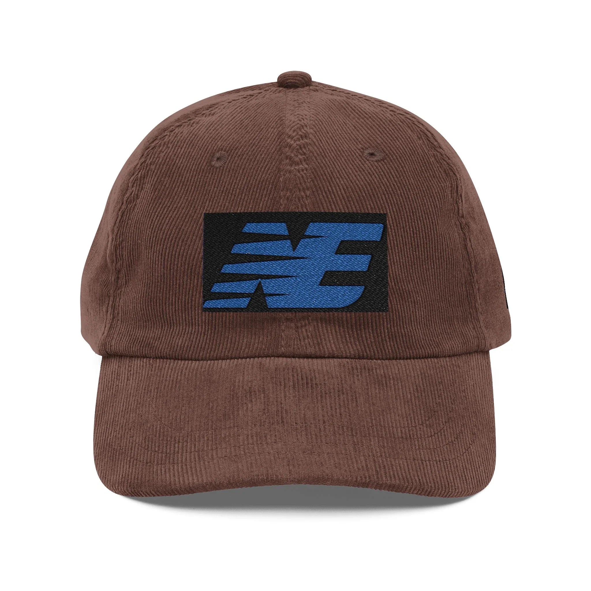Brown corduroy hat with blue embroidered logo patch, urban streetwear accessory