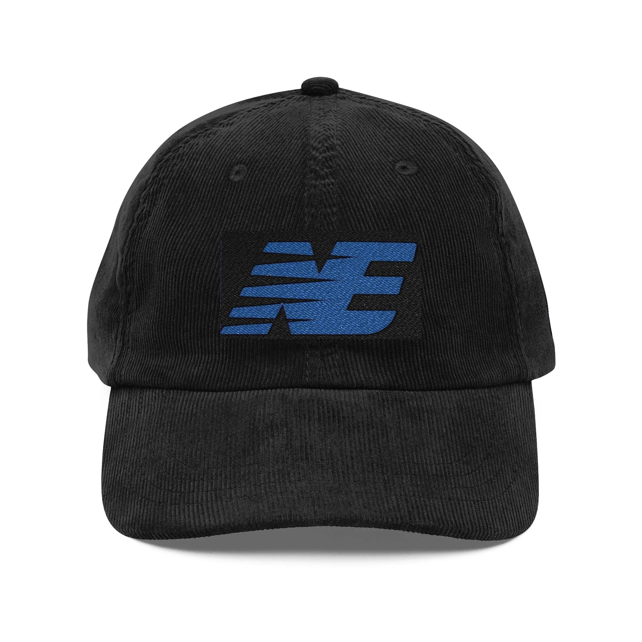 Black corduroy baseball cap with blue embroidered urban logo on front