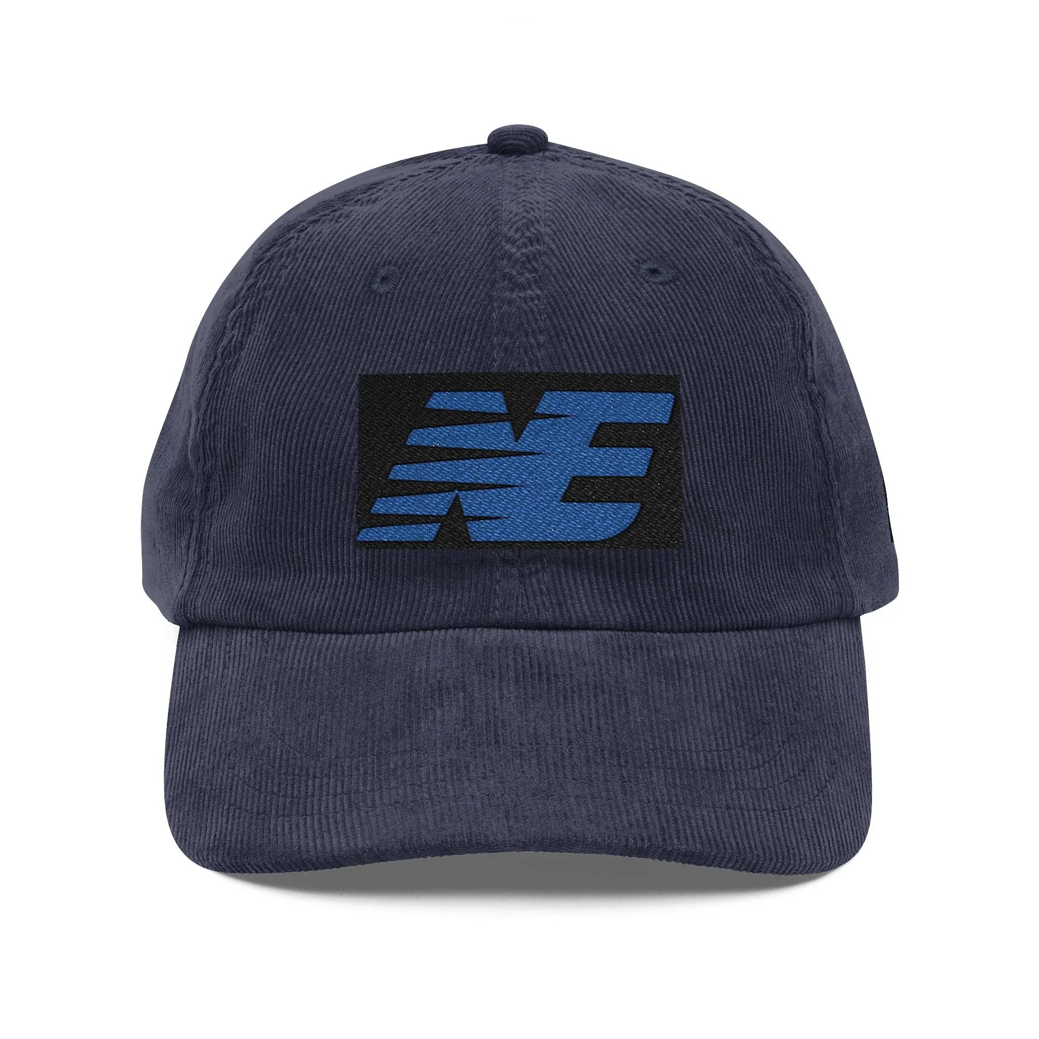 Navy blue corduroy baseball cap with bold blue and black urban logo on the front