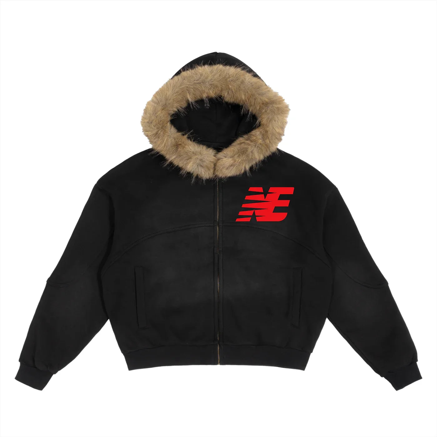 Black streetwear jacket with faux fur hood and red NE logo on chest