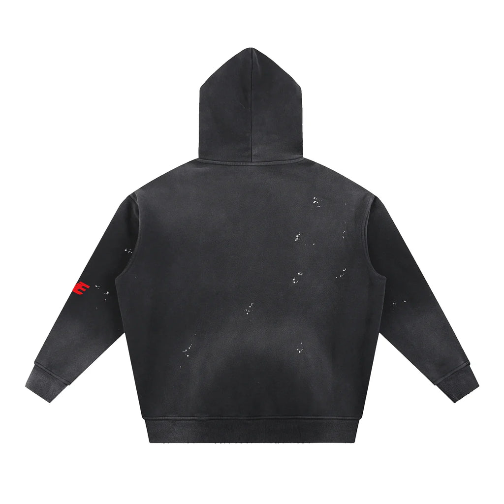 Black distressed hooded sweatshirt with red graphic detail on sleeve, back view