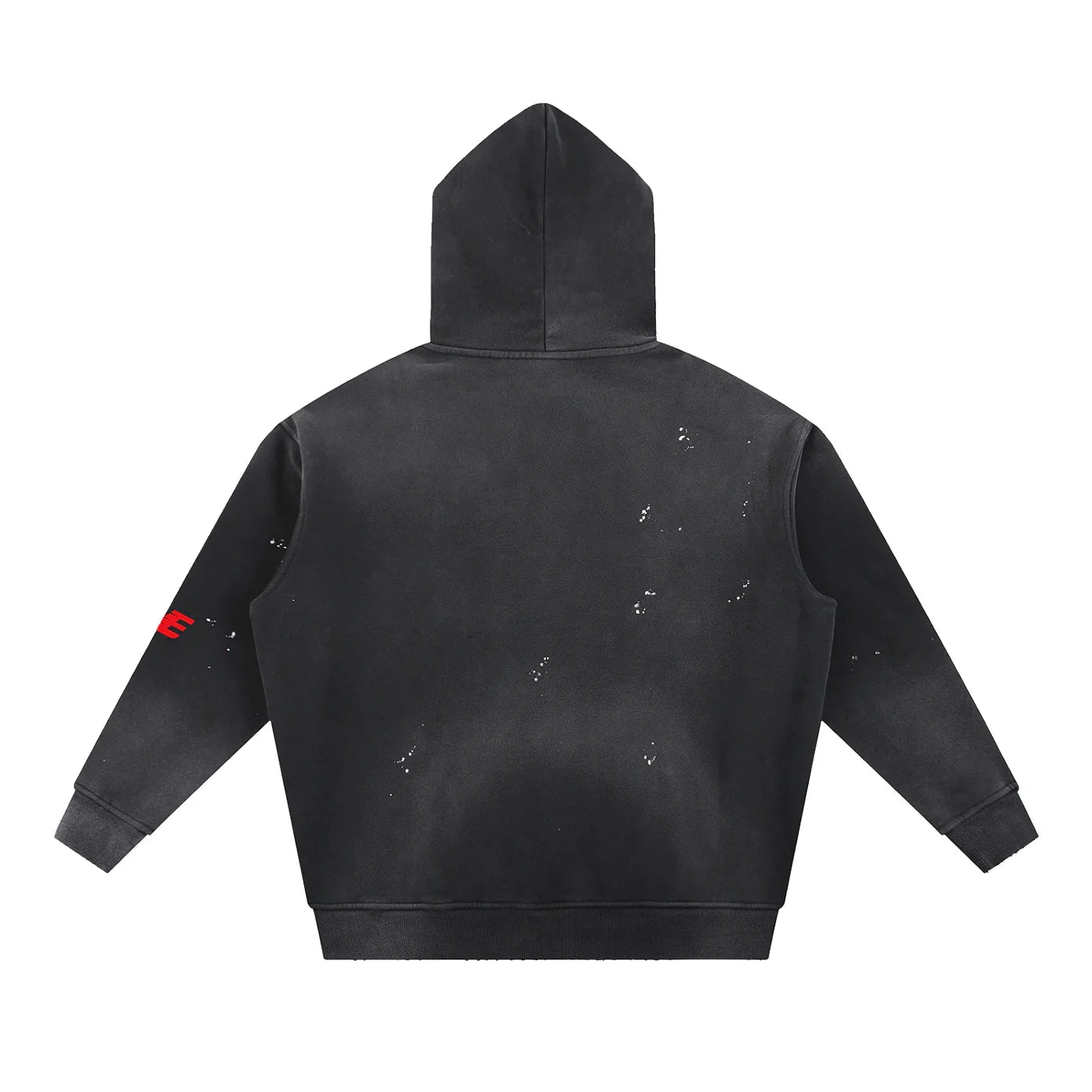 Black distressed hooded sweatshirt with red graphic detail on sleeve, back view