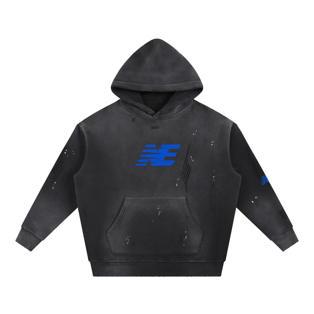 Black urban streetwear hoodie with blue NE logo, front pocket, and distressed details