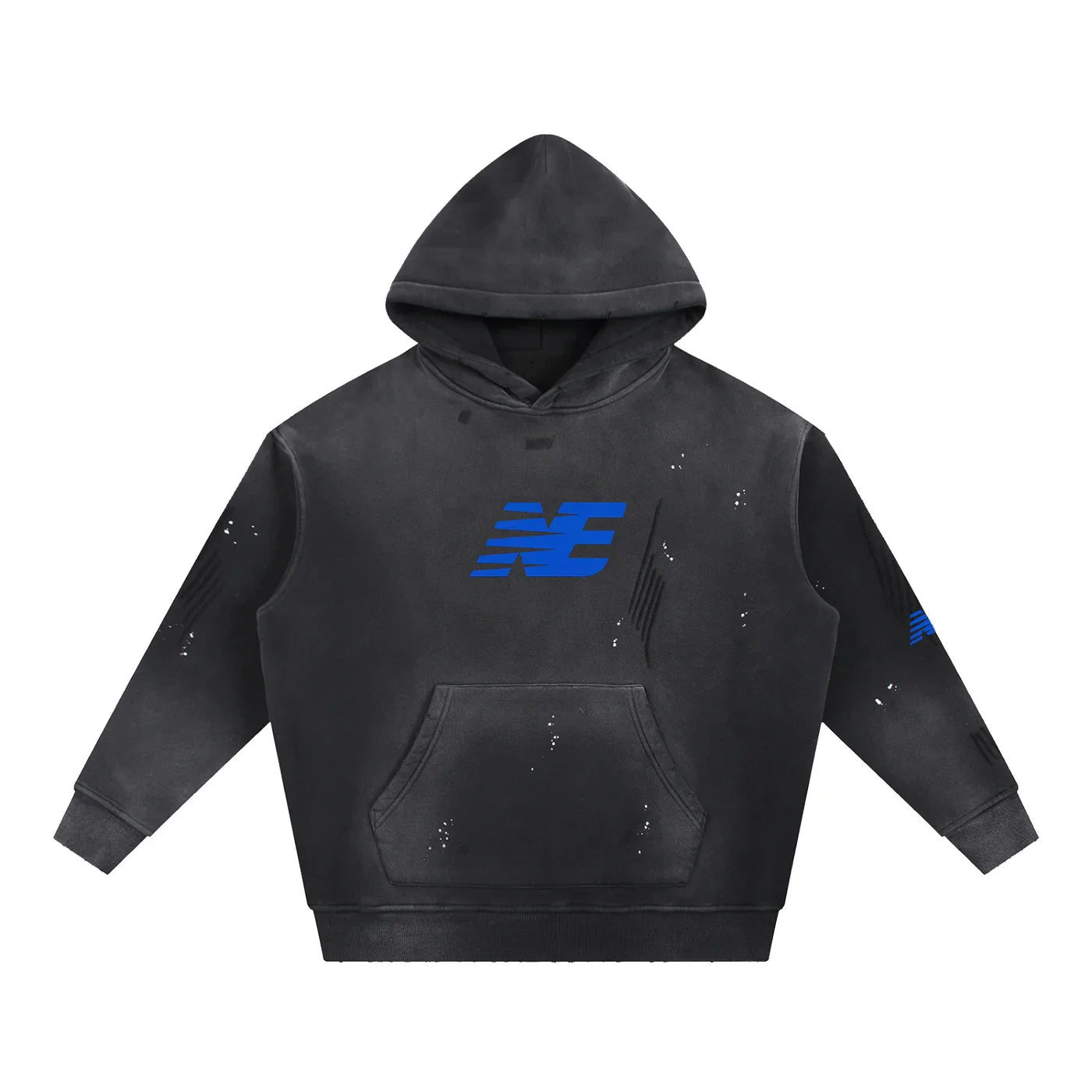 Black urban streetwear hoodie with blue NE logo, front pocket, and distressed details