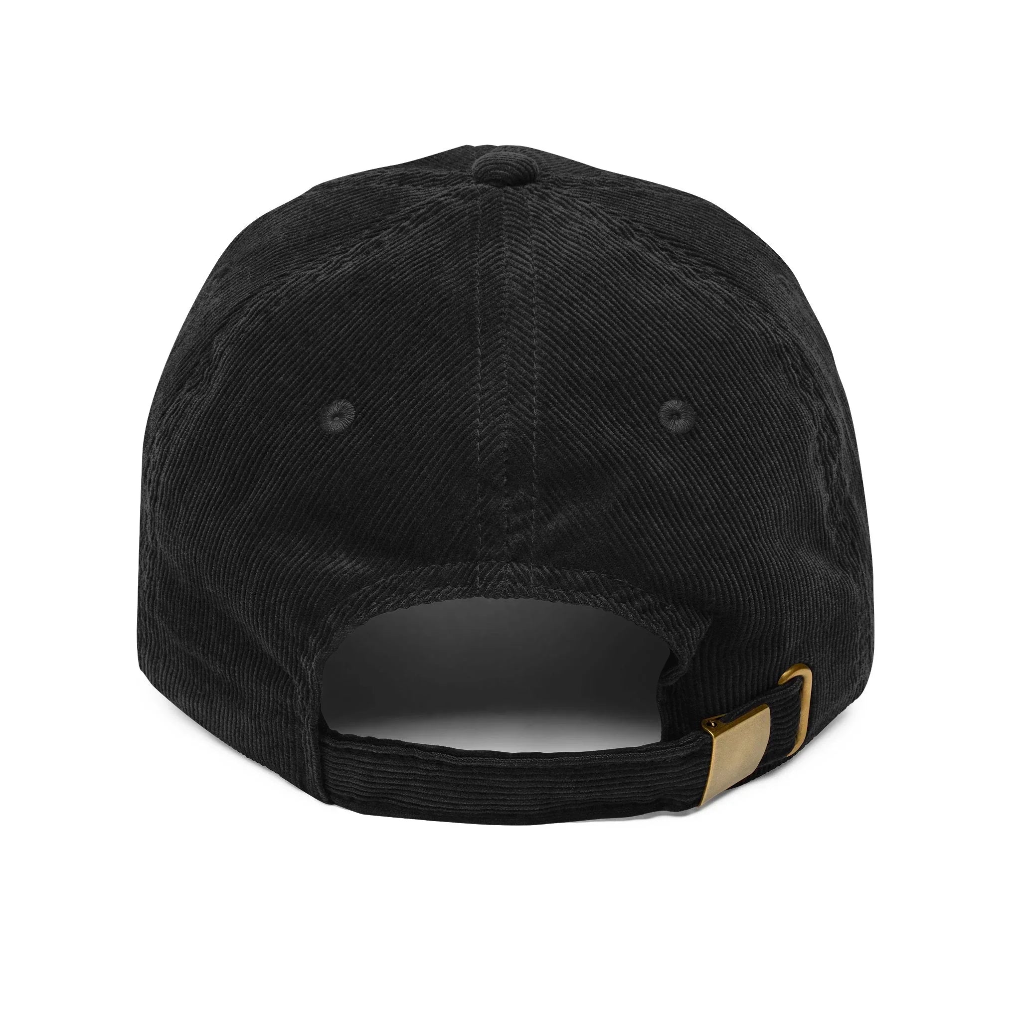 Back view of black corduroy baseball cap with adjustable strap and brass buckle