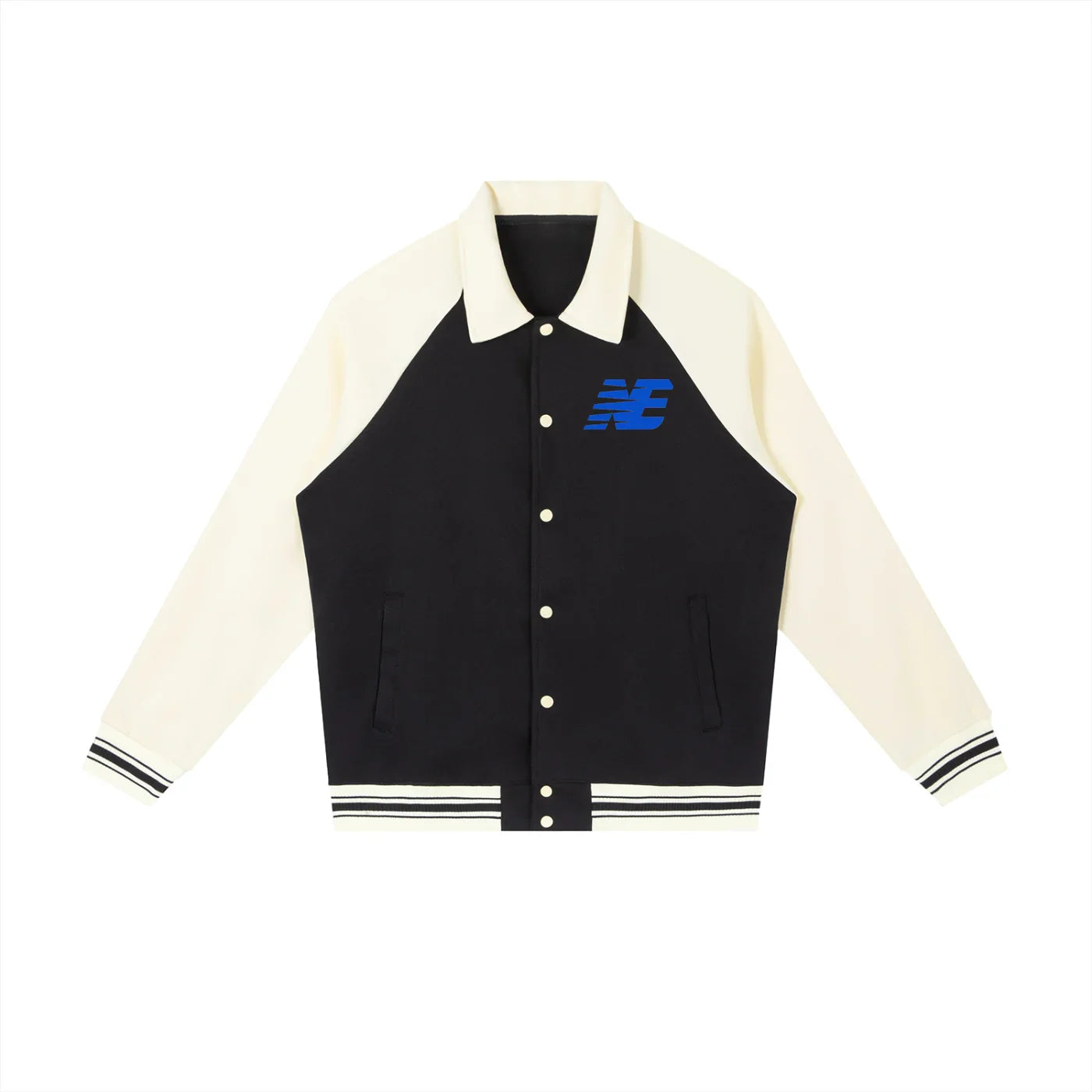 Black and white varsity jacket with blue NE logo, button-up front, contrast sleeves
