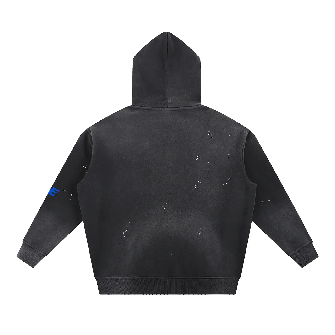 Black distressed streetwear hoodie with small holes and blue sleeve detail, back view