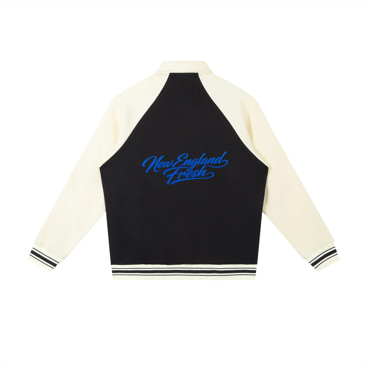 Black and cream varsity jacket with 'New England Fresh' in blue script on the back