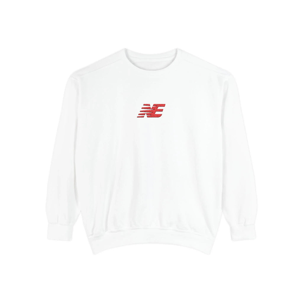 White crewneck sweatshirt with red NE striped logo, urban streetwear style