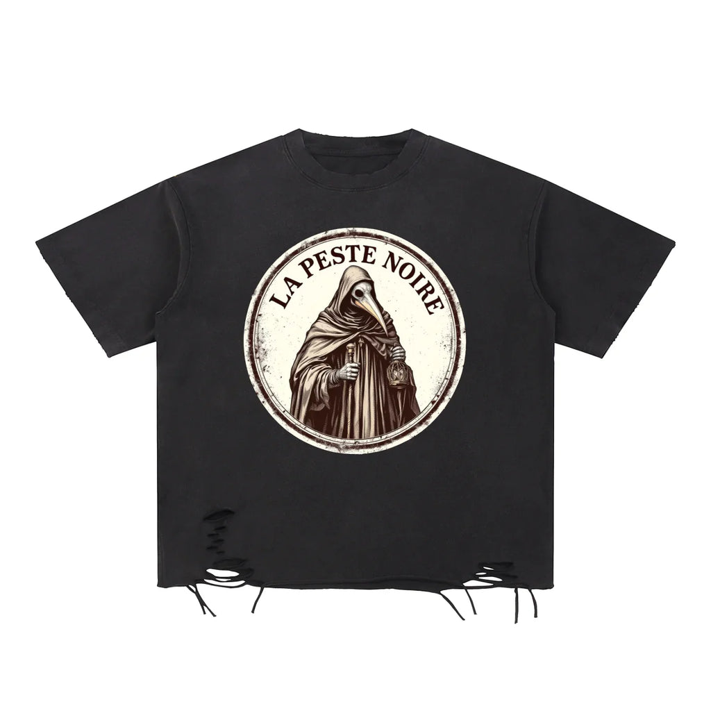 Black streetwear t-shirt with 'La Peste Noire' plague doctor graphic and distressed hem