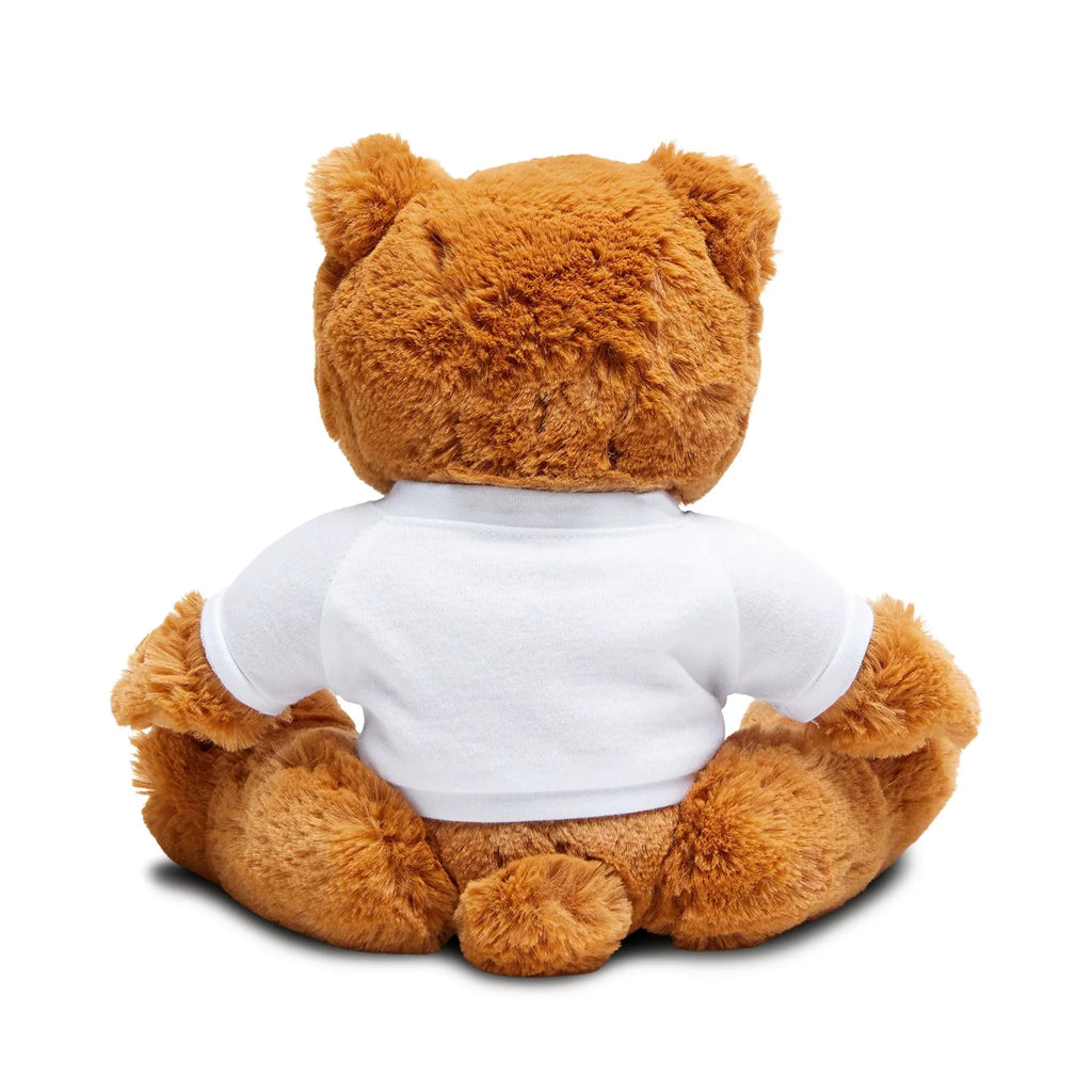 Plush brown teddy bear wearing a white t-shirt, shown from the back on a white background