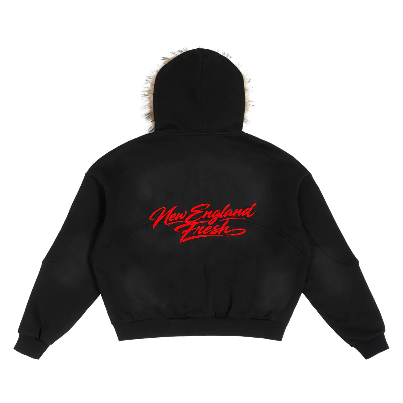 Black hooded jacket with faux fur trim and 'New England Fresh' red script on back