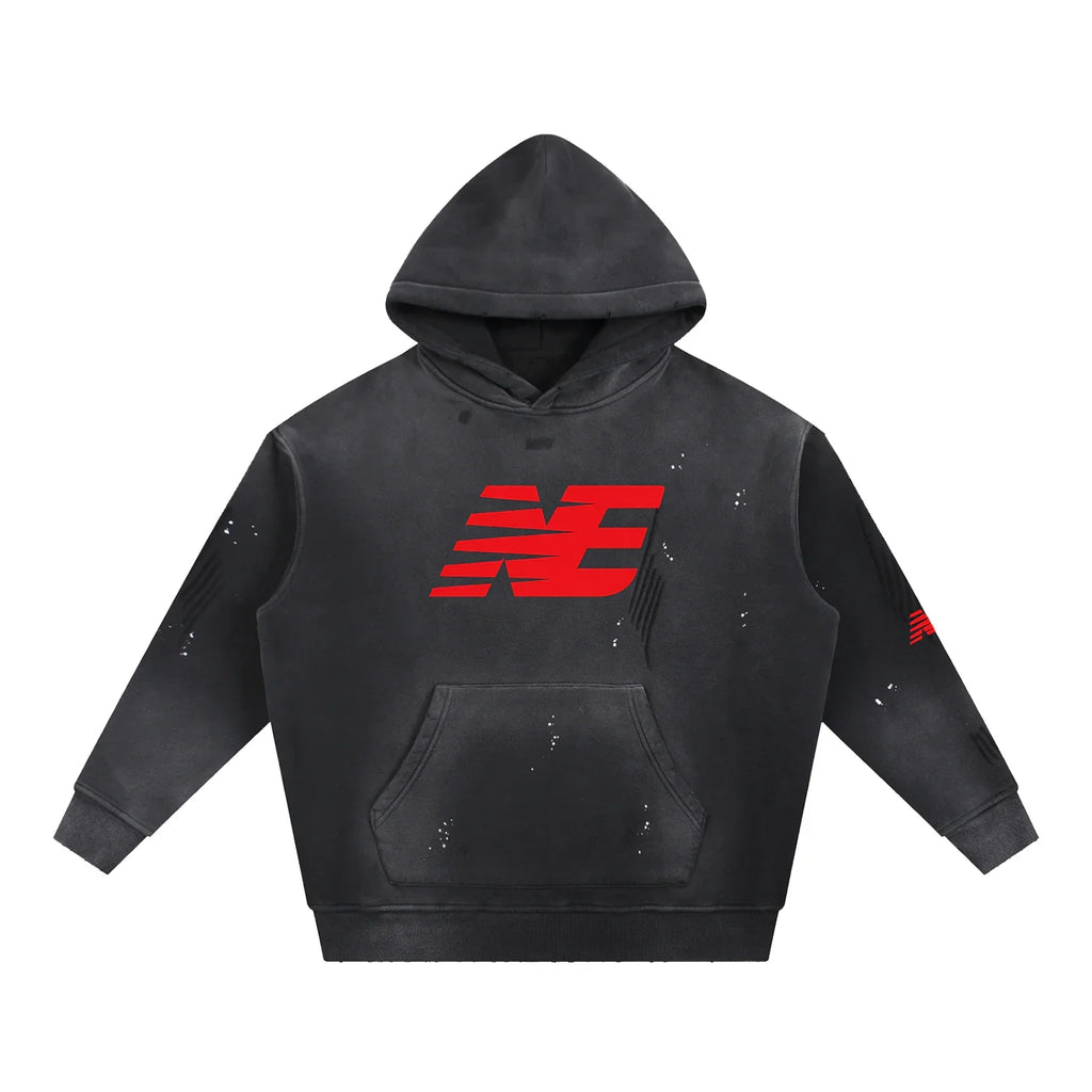 Black distressed hoodie with red graphic logo and front pocket, urban streetwear style
