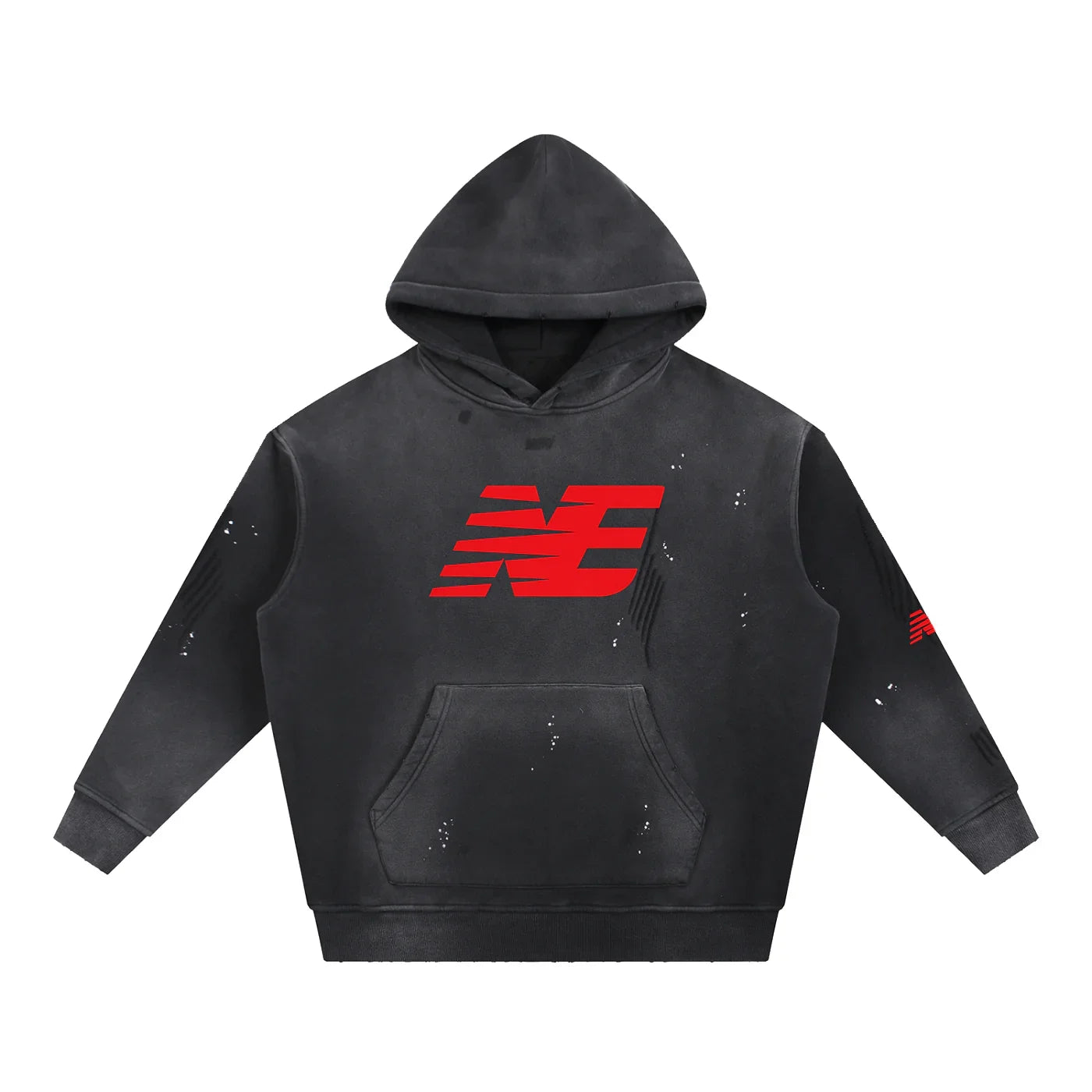 Black distressed hoodie with red graphic logo and front pocket, urban streetwear style